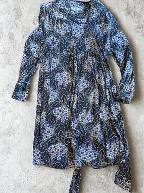 Boden Navy Blue Floral Midi Dress with Light Blue and White Accents